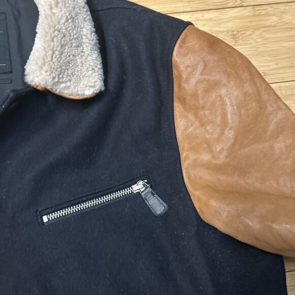 All Saints Mens L Bomber Jacket BIWA Wool Leather Black Varsity Y2K Streetwear - Picture 3 of 8